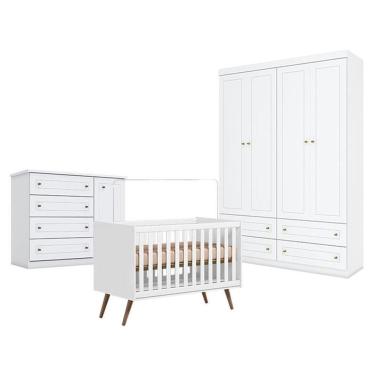 Imagem de Quarto De Bebê Americano 4 Portas Com Berço Americano Q Encanto 3820 Retrô Branco Acetinado - Qmovi - Henn
