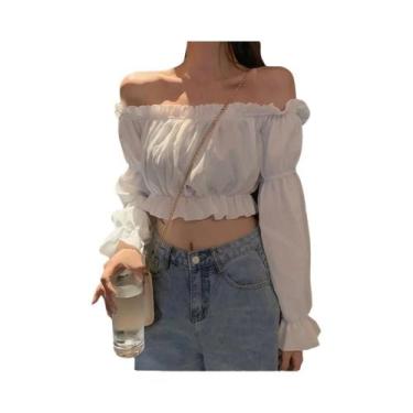 Imagem de Blusa Cropped Branca Com Ombros Descobertos, Manga Longa, Manga Bufant