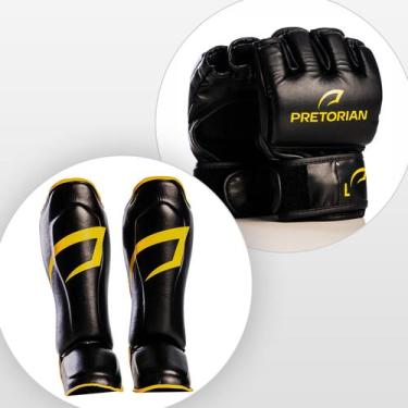 Imagem de Kit Luvas MMA Elite + Caneleiras Muay Thai Impact Preto-Amarelo Pretor