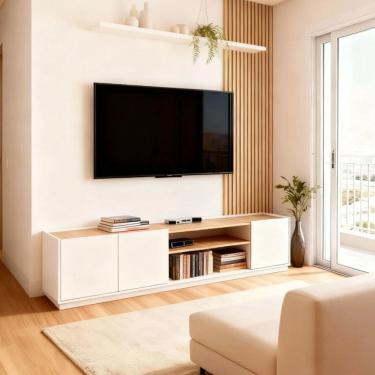 Imagem de Rack para Tv 180cm com Portas e Nicho para Eletrônicos Design Moderno Moscou Branco/Naturale