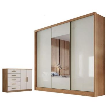 Imagem de Guarda Roupa Casal Medelim 3 Portas de Bater 6 Gavetas MDF com Espelho e Cômoda Sapatei...