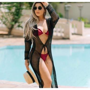 Imagem de Saída de Praia Feminino Manga Longa Tricot Verão Estilo Estilosa Trans