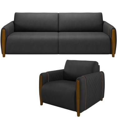 Imagem de Kit Sofá 2 Lugares Sala Estar 168cm Com Poltrona Flora Pés De Madeira 