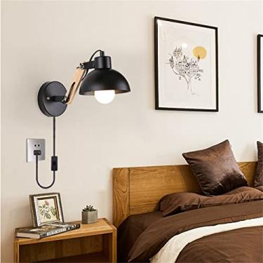 Imagem de Luzes de parede de madeira industriais vintage com interruptor plug and on/off, lâmpadas de parede plugadas E27 arandela de parede de metal preto, lâmpada de parede ajustável de 180° com cabo de iluminação interna para quarto sala de estar loft bar