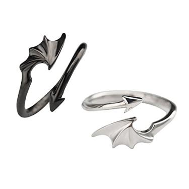Imagem de 1 par de anéis combinando para mulheres homens personalidade anjo cauda aberta ajustável preto prata expansível dragão asa flecha anel moda promessa presente de casamento para ele e seu namorado namorada, Metal, Não conhecido