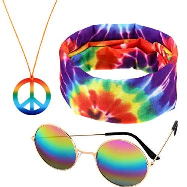 Imagem de Frienda 3 peças acessórios hippie fantasia anos 70 tie dye leopardo roupas hippie tiaras para homens símbolo da paz colar óculos de sol (estilo arco-íris)