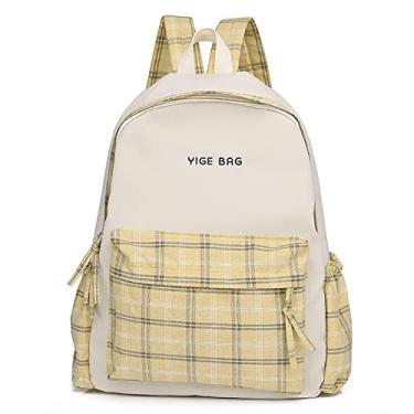 Imagem de Mochila xadrez universitário feminina de lona impermeável mochila de grande capacidade Harajuku mochila de viagem com muitos bolsos, amarelo, 40 x 28 cm