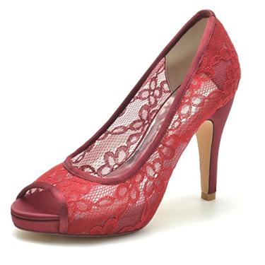 Imagem de Sapatos de noiva sapatos femininos de renda salto alto marfim stiletto peep toe sapatos sociais 36-42,Burgundy,3 UK/36 EU