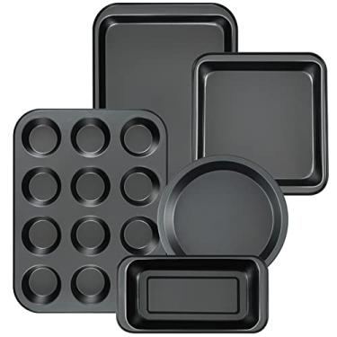 Imagem de Conjunto de assadeiras mobzio, 5 peças com formas redonda/quadrada, muffin, pão, assadeira profunda, antiaderente, seguro para forno até 232°C, preto