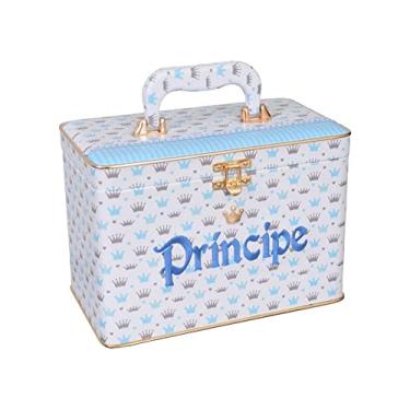 Imagem de Maleta Box LUXO 240 fotos 15x21 com 4 Álbuns Fotográficos PRÍNCIPE AZUL CLARO Bebê Bordado Coroa