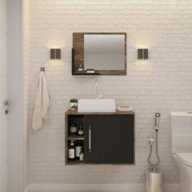 Imagem de Conjunto para Banheiro Gabinete com Cuba Q32 e Espelheira Soft 600  Carvalho Dark com Preto Ônix