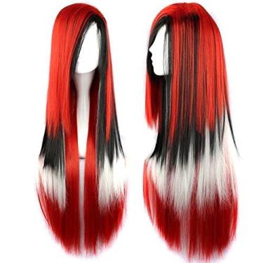 Imagem de IMISSU Peruca longa de cabelo natural cosplay com franja colorida fantasia de Halloween perucas de festa para mulheres (Vermelho Preto Branco)