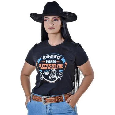 Imagem de Camiseta Feminina Baby Look Preta Rodeo Farm Estampada Azul/Laranja