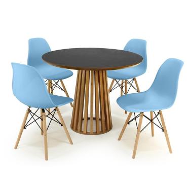 Imagem de Conjunto Mesa de Jantar Redonda Luana Amadeirada Preta 100cm com 4 Cadeiras Eames Eiffel - Azul Claro