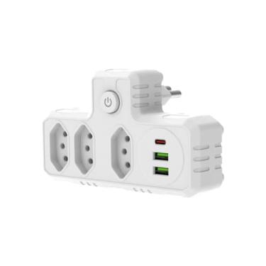 Imagem de Extensão Tomada, Régua Tomada, Régua de Energia, Adaptador Tomada, 3 Tomadas, 2 Interfaces USB, 1 Porta USB Tipo-C (Branco)