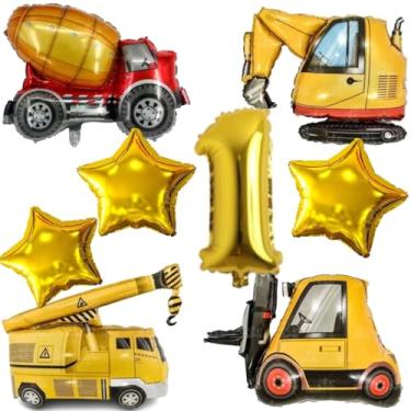 Imagem de Kit 4 Balões Metalizados Construção, Guindaste, Retroescavadeira, Empilhadeira, Betoneira + 3 Estrelas + Número Gigante (Dourado (1))