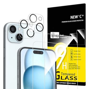 Imagem de NEW'C Pacote com 4, 2 protetores de tela para iPhone 15 Plus [6,7 polegadas] + 2 protetores de lente de câmera, proteção de sensor, película de vidro temperado compatível com capas