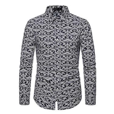 Imagem de Camisa masculina sedosa casual manga longa estampa vintage lapela praia camisa top camisa botão, Cor 1, G