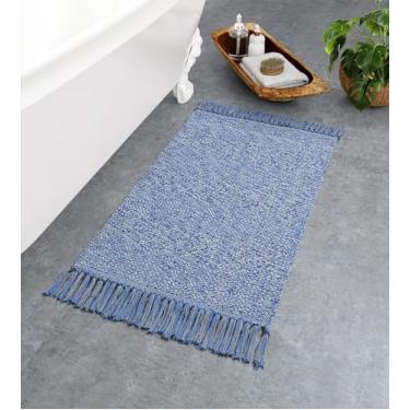 Imagem de Collive Tapete de banheiro pequeno, tapete de entrada frontal de perfil baixo tecido à mão, de 6 cm x 7 cm, algodão azul marinho, reversível, lavável, tapete de cozinha, moderno para decoração de hall