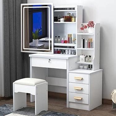 Imagem de Conjunto de mesa de toucador grande com espelho deslizante iluminado, penteadeira de maquiagem com prateleiras ocultas e banco acolchoado, conjunto de banco de mesa de toucador de 4 gavetas