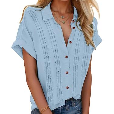 Imagem de Camisas de linho femininas de linho algodão manga curta gola V colarinho botão blusa tops, Ofertas Relâmpago Azul, GG