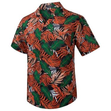Imagem de Camisas masculinas havaianas de manga curta com botões tropicais Aloha camisa casual verão Havaí praia camisas, 13-laranja/verde, M