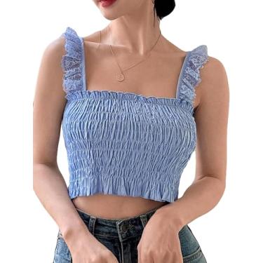 Imagem de GORGLITTER Camiseta regata feminina cropped franzida patchwork de renda sem mangas plissado gola quadrada, Azul, G