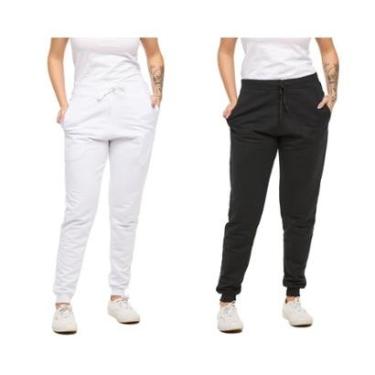 Imagem de KIT COM 02 CALÇAS MOLETOM PLUS SIZE FEMININA JOGGER SLIM FIT BÁSICA LISA-BRANCO-PRETO-G4-Feminino