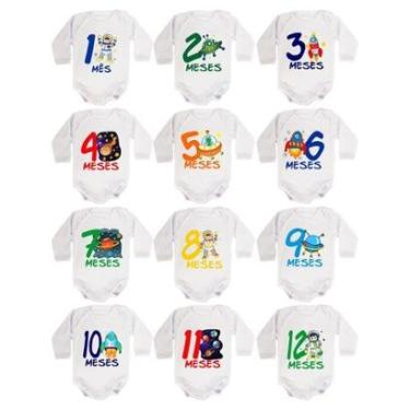 Imagem de Kit 12 Body Bebê Calupa Mesversario Manga Longa Astronauta 1 A 12 Meses Masculino-Masculino