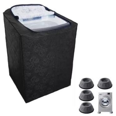 Imagem de Kit Capa para Máquina de Lavar Roupas 8 kg à15 kg, 4 Pés Niveladores (Máquina, Geladeira e Móveis) - Capa Impermeável, Forrada e Zíper na Abertura. Casa e Decoração. (Preta, 9kg)