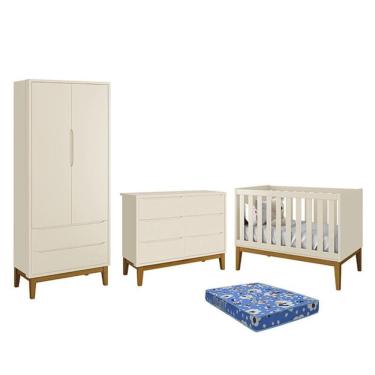 Imagem de Dormitório Infantil Classic 2 Portas, Cômoda 6 Gavetas, Berço com Pés Amadeirado e Colchão - Reller Móveis