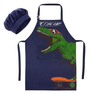 Imagem de Conjunto de chapéu de avental infantil MHJY, aventais de dinossauro para crianças com alça ajustável, 2 bolsos, avental infantil para meninos para assar pintura de jardinagem, azul escuro, grande (8-12 anos)