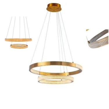 Imagem de Luminaria Pendente Lustre Arco 2 Aneis Dourado Cristal Led 52W Moderno