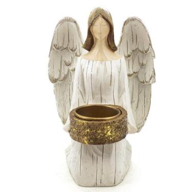 Imagem de Anjo com Castiçal Ajoelhado Resina Importado 18 cm - Amém Decoração Re