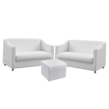 Imagem de 2 Poltronas Namoradeira Estofada Alya Com Puff Quasar Couro Branco Ara
