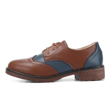 Imagem de Tênis feminino moderno Oxford salto bloco cadarço Derby casual Brogue tênis marrom, Cinza, 34