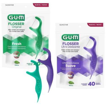Imagem de Kit GUM Flossers Roxo e Verde fio dental c/ cabo 80 unidades