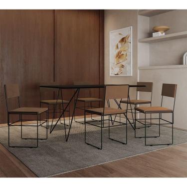 Imagem de Mesa Jantar Retangular Industrial Trama 1,50x0,90m Preta Com 6 Cadeiras Estofadas Marrom E Preta Vit Preto