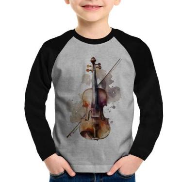 Imagem de Camiseta Raglan Infantil Violino Manga Longa - Foca na Moda, Cinza, Pr
