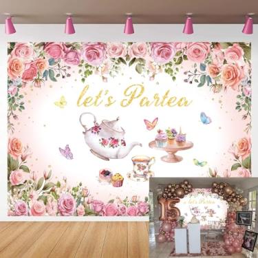 Imagem de Pano de fundo para festa de chá 2,8 x 1,5 m rosa floral Let's Partea fundo fotográfico princesa país das maravilhas chá da tarde faixa para meninas mulheres chá de bebê suprimentos de aniversário