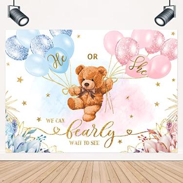 Imagem de LIGHTINHOME Urso pano de fundo revelador de gênero 20 cm L x 15 cm A pés para ele ou ela rosa ou azul lindo balão floral estrelas podemos esperar chá de bebê fotografia decoração de fundo cabine de fotos estúdio adereço tecido