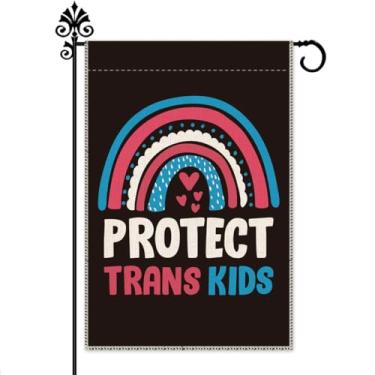 Imagem de Hafhue Protect Trans Kids Welcome Garden Flag, Rainbow Yard Outdoor Farmhouse Decorações 30,5 x 45,7 cm Impressão dupla face impermeável, LGBTQ Rights Equality Ally Yard Flag Gift for Families Friends
