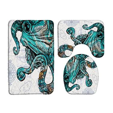 Imagem de Conjunto de 3 peças de tapete de banho com tentáculos de polvo, azul-petróleo, vintage, animal, vida marinha, mapa, náutico, aventura, marinho, espuma de memória, tapete de banheiro, capacho, tampa de