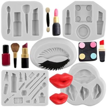 Imagem de MINFEIDMS Tema de Maquiagem Moldes de Silicone para Dia dos Namorados Moldes de Fondant Beijo Lábios Batom Perfume Molde de Pincel de Cílios para Decoração de Bolos Topo de Cupcake Doces Chocolate