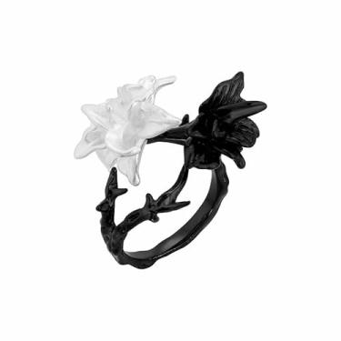 Imagem de AIEDE Anel ajustável floral preto e branco de aço inoxidável para mulheres, Prata esterlina, Sem pedra preciosa