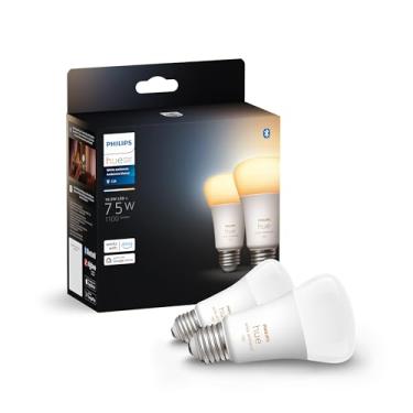 Imagem de Philips Hue Lâmpada inteligente branca Ambiance A19 de lúmen médio, 1100 lúmens, compatível com Bluetooth e Zigbee (hub opcional), funciona com Alexa e Google Assistant, 2 lâmpadas