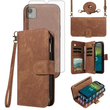 Imagem de Asuwish Capa de telefone para Nokia C110 carteira com zíper destacável capa magnética com protetor de tela de vidro temperado alça transversal alça flip porta-cartão slot C 110 4G N156DL mulheres