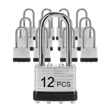 Imagem de LQYN Cadeado laminado com chave (1-9/40.6 cm, 40 mm), fechaduras semelhantes com chave, aro preto, grilhão longo, pacote com 12, trava para armário de academia, bagagem, mala, bagagem, caixa de
