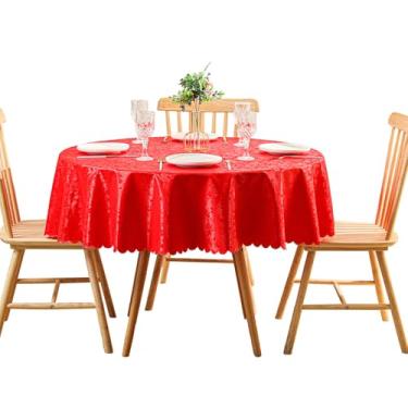 Imagem de Qubjus Toalha de mesa de renda de vinil redonda resistente jacquard toalha de mesa impermeável à prova de derramamento para toalha de mesa, redonda - 122 cm, vermelha