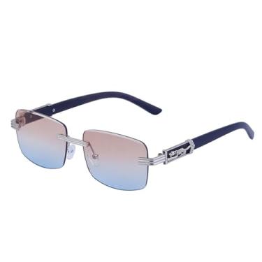 Imagem de VFDHN Óculos de sol retangulares sem aro, masculino e feminino, sem armação, vintage, armação de leopardo, óculos escuros, C7, marrom e azul, tamanho único